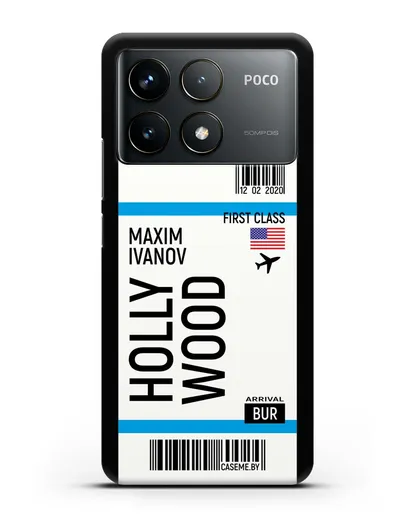 Чехол Авиабилет Голливуд с именем, фамилией силиконовый для Xiaomi Poco F6 Pro