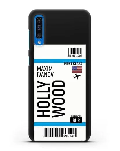 Чехол Авиабилет Голливуд с именем, фамилией силиконовый для Samsung Galaxy A50