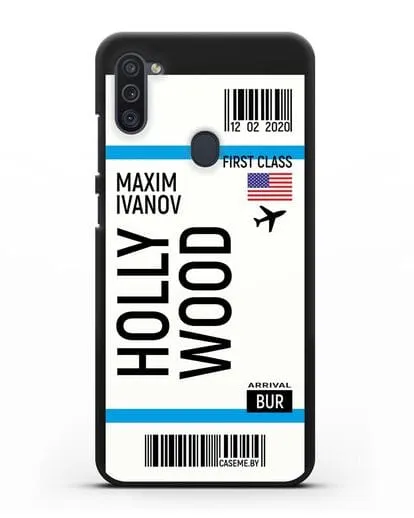 Чехол Авиабилет Голливуд с именем, фамилией силиконовый для Samsung Galaxy M11 [SM-M115F]