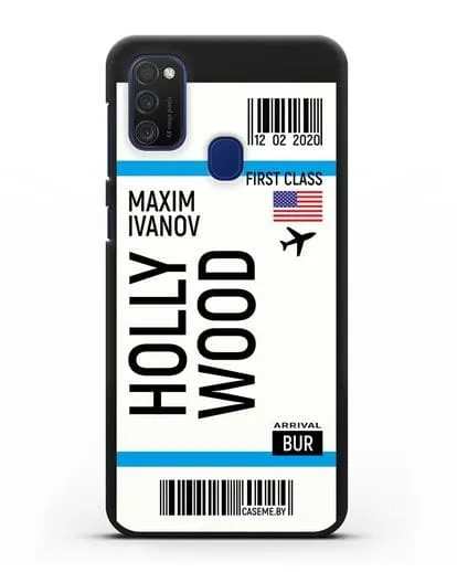 Чехол Авиабилет Голливуд с именем, фамилией силиконовый для Samsung Galaxy M21 [SM-M215F]