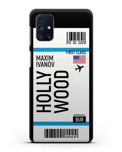 Чехол Авиабилет Голливуд с именем, фамилией силиконовый для Samsung Galaxy M51 [SM-M515F]