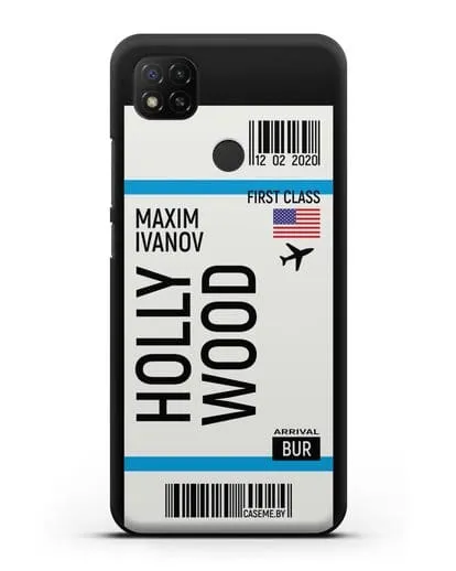 Чехол Авиабилет Голливуд с именем, фамилией силиконовый для Xiaomi Redmi 9C