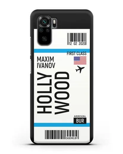 Чехол Авиабилет Голливуд с именем, фамилией силиконовый для Xiaomi Redmi Note 10