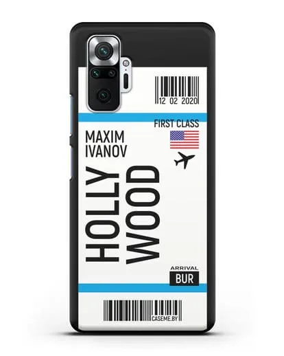 Чехол Авиабилет Голливуд с именем, фамилией силиконовый для Xiaomi Redmi Note 10 Pro