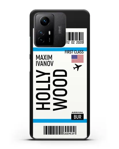 Чехол Авиабилет Голливуд с именем, фамилией силиконовый для Xiaomi Redmi Note 12S