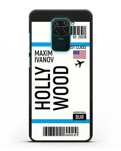 Чехол Авиабилет Голливуд с именем, фамилией силиконовый для Xiaomi Redmi Note 9