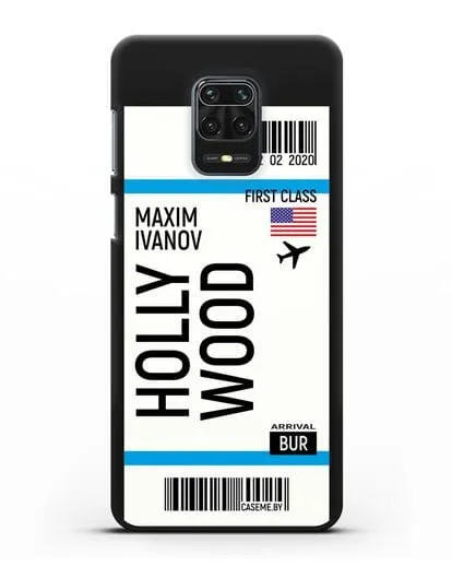 Чехол Авиабилет Голливуд с именем, фамилией силиконовый для Xiaomi Redmi Note 9 Pro