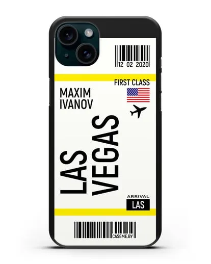 Чехол Авиабилет Лас-Вегас с именем, фамилией силиконовый для iPhone 15 Plus