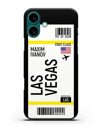 Чехол Авиабилет Лас-Вегас с именем, фамилией силиконовый для iPhone 16 Plus