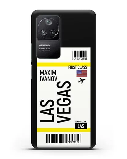 Чехол Авиабилет Лас-Вегас с именем, фамилией силиконовый для Xiaomi Poco F4