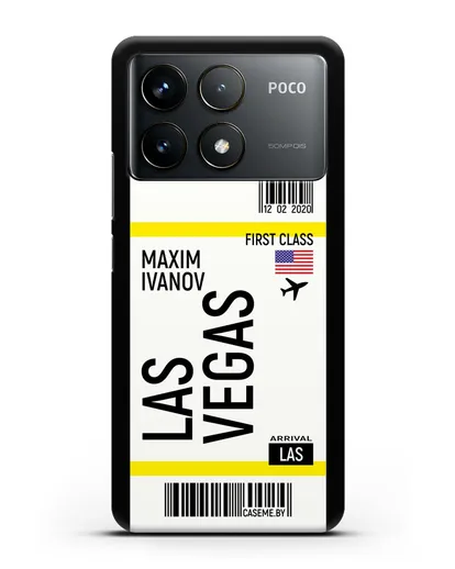 Чехол Авиабилет Лас-Вегас с именем, фамилией силиконовый для Xiaomi Poco F6 Pro