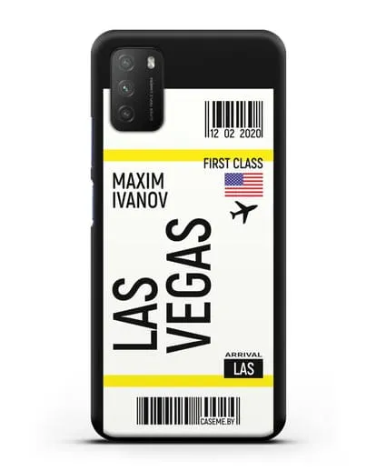 Чехол Авиабилет Лас-Вегас с именем, фамилией силиконовый для Xiaomi Poco M3