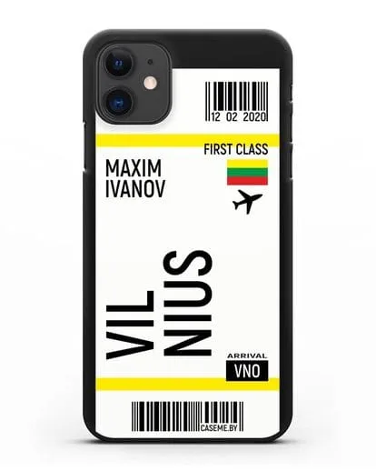 Чехол Авиабилет Вильнюс с именем, фамилией силиконовый для iPhone 11