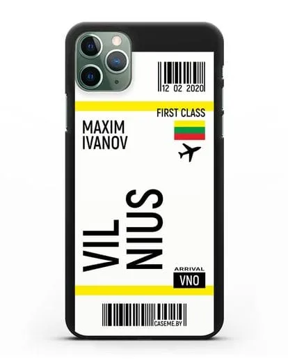 Чехол Авиабилет Вильнюс с именем, фамилией силиконовый для iPhone 11 Pro Max