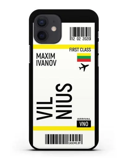 Чехол Авиабилет Вильнюс с именем, фамилией силиконовый для iPhone 12