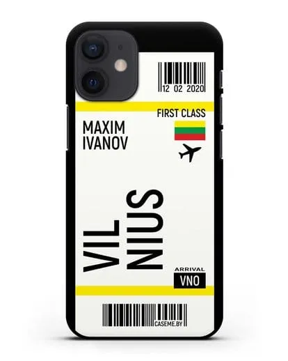 Чехол Авиабилет Вильнюс с именем, фамилией силиконовый для iPhone 12 mini