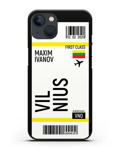 Чехол Авиабилет Вильнюс с именем, фамилией силиконовый для iPhone 13
