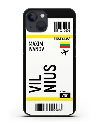 Чехол Авиабилет Вильнюс с именем, фамилией силиконовый для iPhone 13 Mini