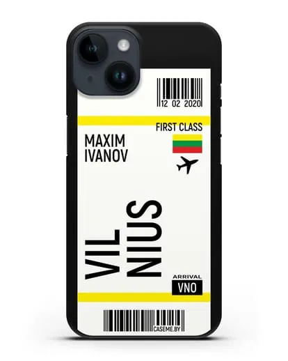 Чехол Авиабилет Вильнюс с именем, фамилией силиконовый для iPhone 14