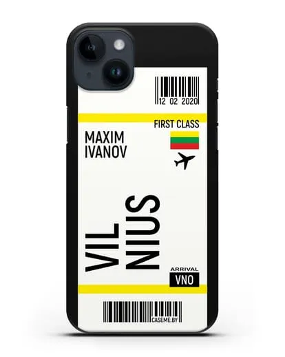 Чехол Авиабилет Вильнюс с именем, фамилией силиконовый для iPhone 14 Plus