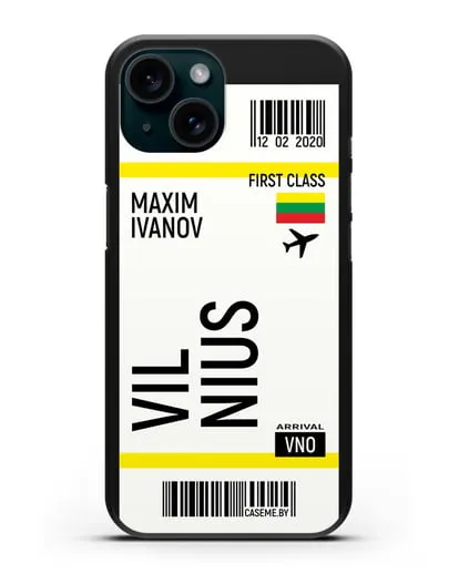 Чехол Авиабилет Вильнюс с именем, фамилией силиконовый для iPhone 15