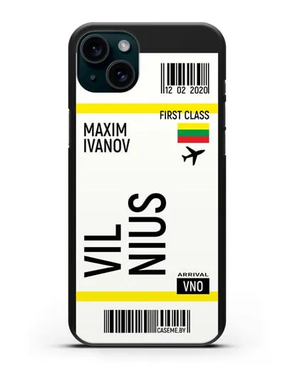 Чехол Авиабилет Вильнюс с именем, фамилией силиконовый для iPhone 15 Plus