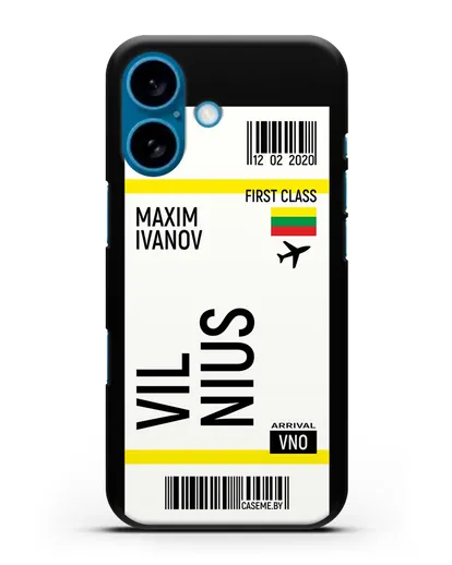 Чехол Авиабилет Вильнюс с именем, фамилией силиконовый для iPhone 16