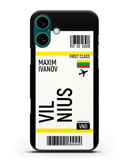 Чехол Авиабилет Вильнюс с именем, фамилией силиконовый для iPhone 16 Plus