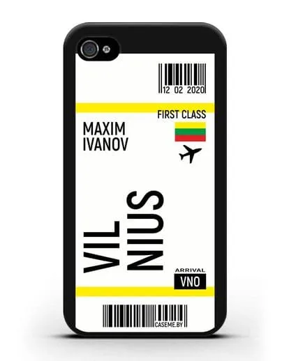 Чехол Авиабилет Вильнюс с именем, фамилией силиконовый для iPhone 4/4s