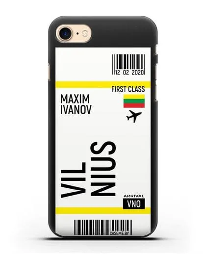 Чехол Авиабилет Вильнюс с именем, фамилией силиконовый для iPhone 8