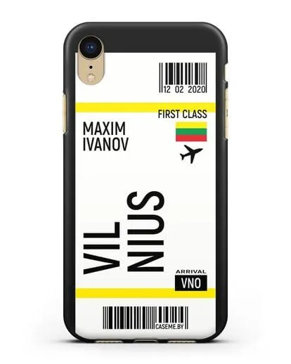 Чехол Авиабилет Вильнюс с именем, фамилией силиконовый для iPhone XR