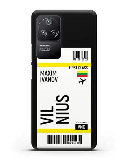 Чехол Авиабилет Вильнюс с именем, фамилией силиконовый для Xiaomi Poco F4