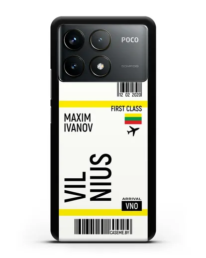 Чехол Авиабилет Вильнюс с именем, фамилией силиконовый для Xiaomi Poco F6 Pro