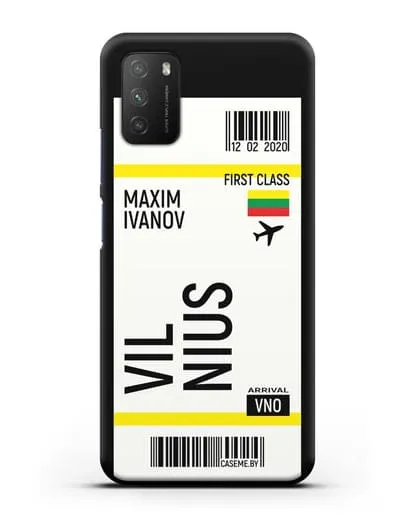 Чехол Авиабилет Вильнюс с именем, фамилией силиконовый для Xiaomi Poco M3