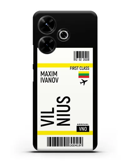 Чехол Авиабилет Вильнюс с именем, фамилией силиконовый для Xiaomi Poco M6