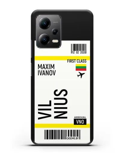 Чехол Авиабилет Вильнюс с именем, фамилией силиконовый для Xiaomi Poco X5