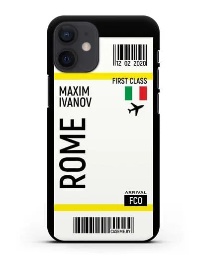 Чехол Авиабилет Рим с именем, фамилией силиконовый для iPhone 12 mini