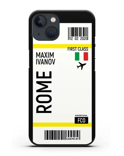 Чехол Авиабилет Рим с именем, фамилией силиконовый для iPhone 13