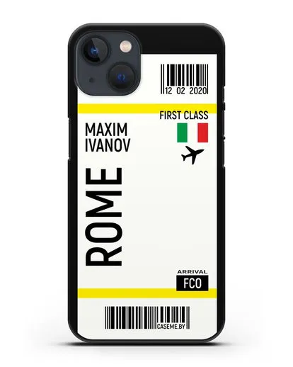 Чехол Авиабилет Рим с именем, фамилией силиконовый для iPhone 13 Mini