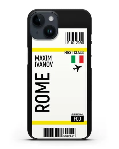 Чехол Авиабилет Рим с именем, фамилией силиконовый для iPhone 14