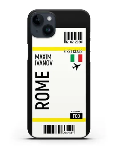 Чехол Авиабилет Рим с именем, фамилией силиконовый для iPhone 14 Plus