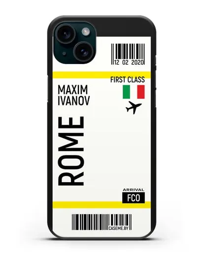 Чехол Авиабилет Рим с именем, фамилией силиконовый для iPhone 15 Plus