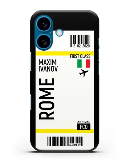 Чехол Авиабилет Рим с именем, фамилией силиконовый для iPhone 16