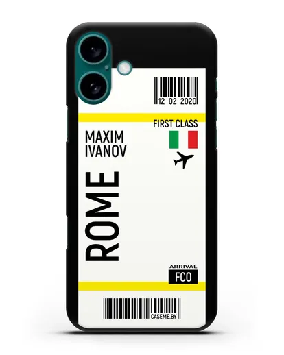 Чехол Авиабилет Рим с именем, фамилией силиконовый для iPhone 16 Plus