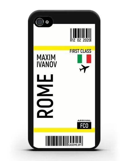 Чехол Авиабилет Рим с именем, фамилией силиконовый для iPhone 4/4s