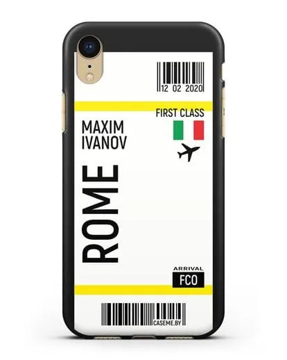 Чехол Авиабилет Рим с именем, фамилией силиконовый для iPhone XR