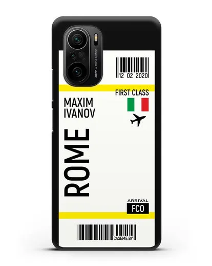 Чехол Авиабилет Рим с именем, фамилией силиконовый для Xiaomi Poco F3