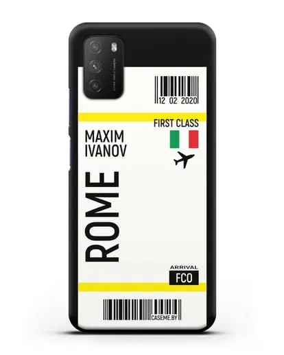 Чехол Авиабилет Рим с именем, фамилией силиконовый для Xiaomi Poco M3