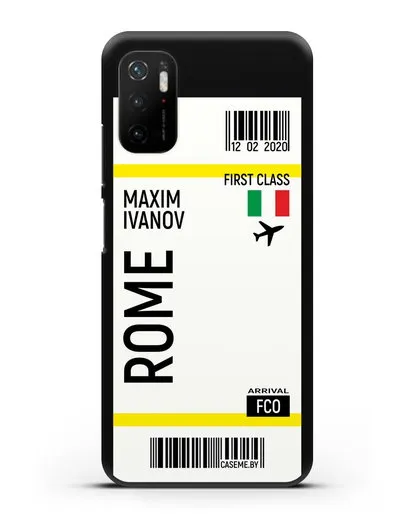 Чехол Авиабилет Рим с именем, фамилией силиконовый для Xiaomi Poco M3 Pro
