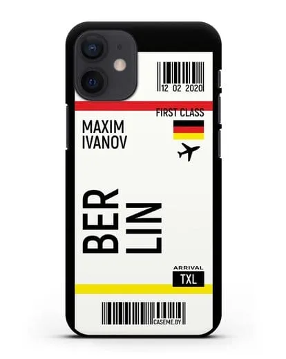 Чехол Авиабилет Берлин с именем, фамилией силиконовый для iPhone 12 mini